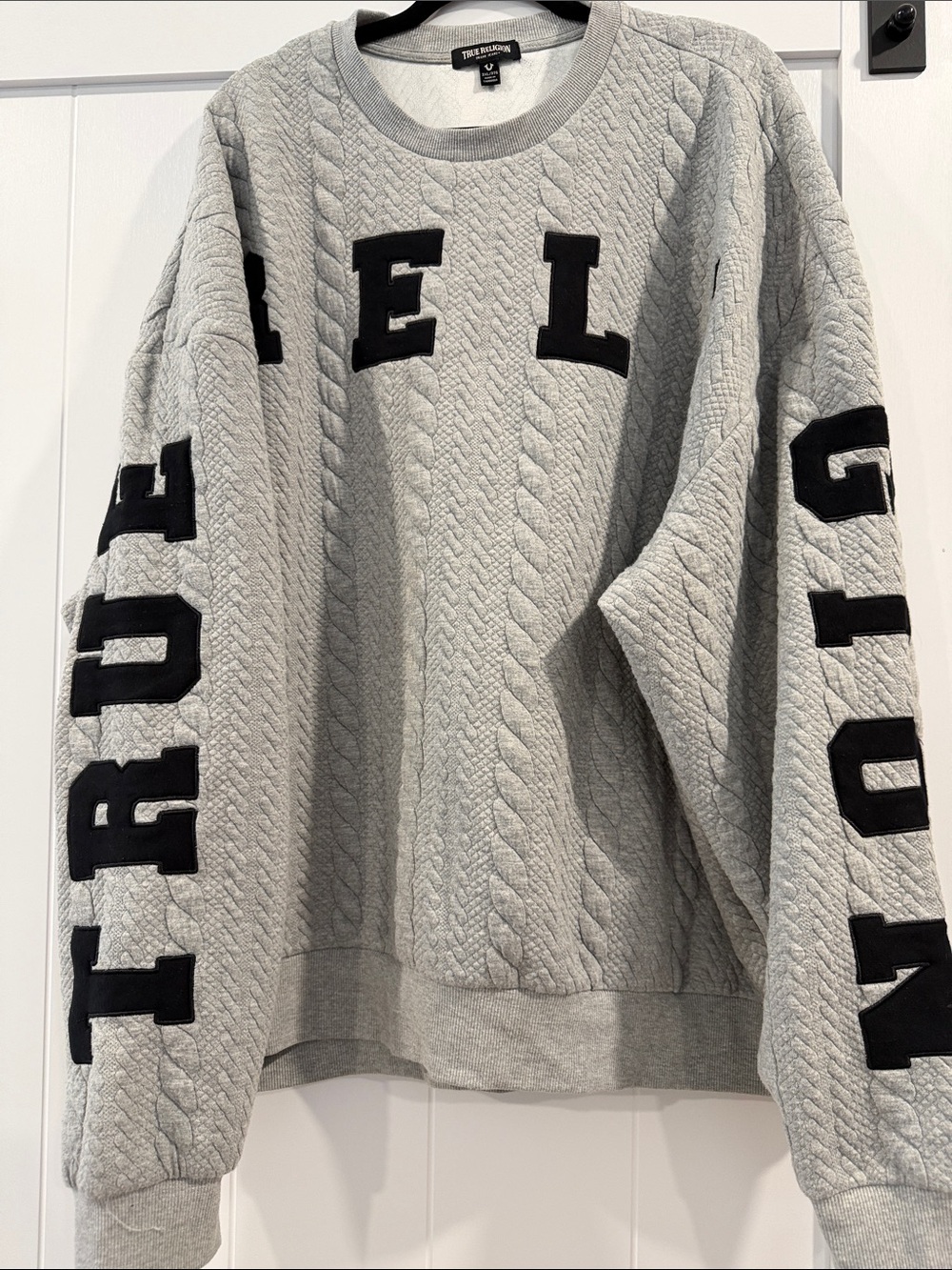 True Religion Gray Cable-Knit Crewneck with Black Lettering